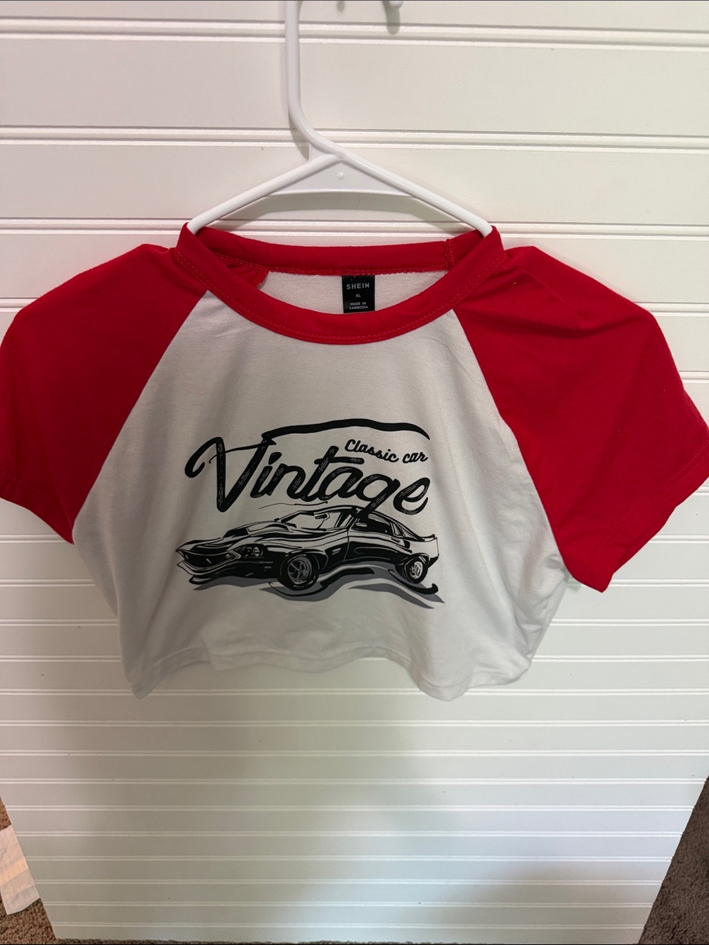 SHEIN White and Red Vintage Car Crop Top